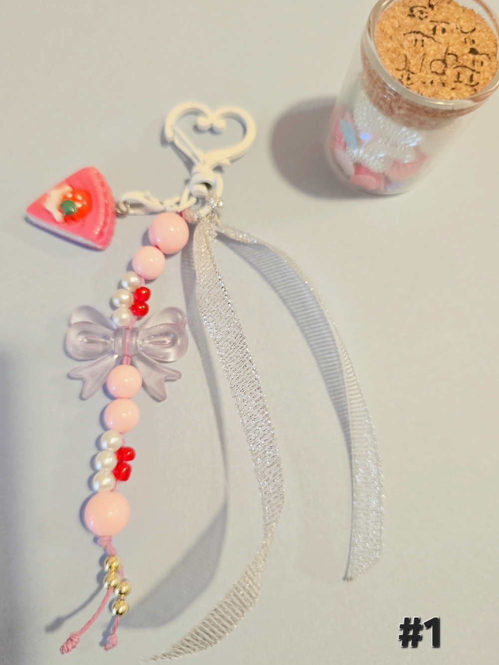 Pink Beaded Bow Keychain Charm with Heart Clip